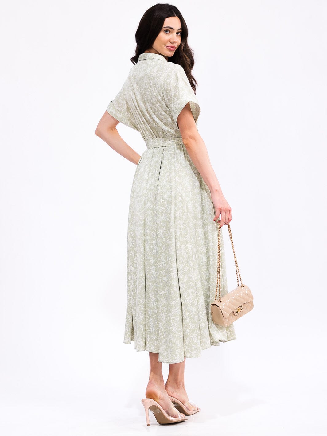 WOMEN'S SHORT SLEEVE ELASTIC WAIST SELF TIE POCKETS FLORAL PRINT MAXI DRESS