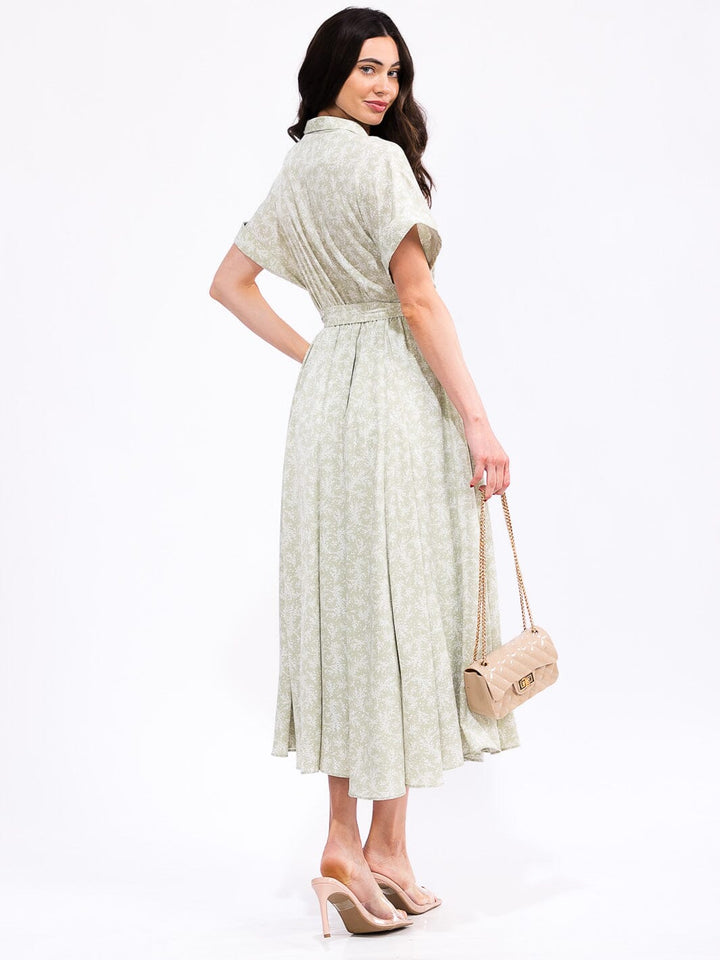 WOMEN'S SHORT SLEEVE ELASTIC WAIST SELF TIE POCKETS FLORAL PRINT MAXI DRESS