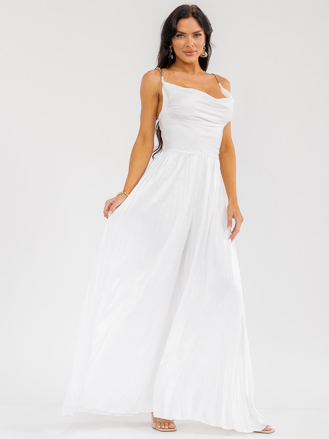 WOMEN'S SLEEVELESS COWL NECK SMOCK BACK PALAZZO WIDE LEG JUMPSUIT