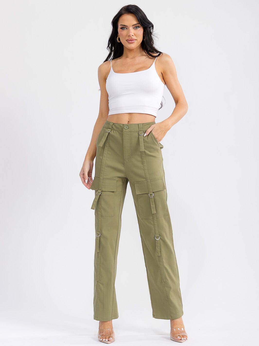 WOMEN'S BUTTON CLOSURE CARGO POCKETS WIDE LEG DENIM PANTS
