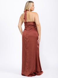 PUS SIZE SLEEVELESS HALTER NECK FRONT SLIT OPEN BACK MAXI GOWN DRESS