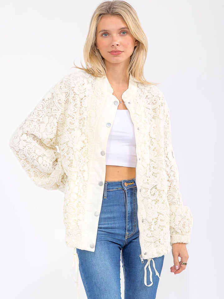 WOMEN'S LONG SLEEVE BUTTON CLOSURE FRONT POCKETS CROCHET JACKET