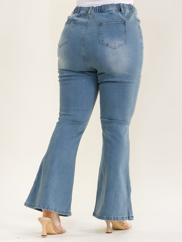 PLUS SIZE BUTTON CLOSURE POCKETS WASHED BELL BOTTOM STRETCH DENIM WASHED JEANS