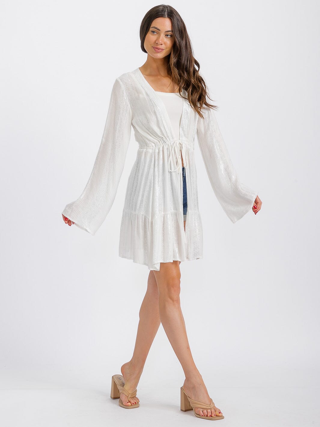 WOMEN'S LONG SLEEVE SELF TIE SHIMMER KIMONO