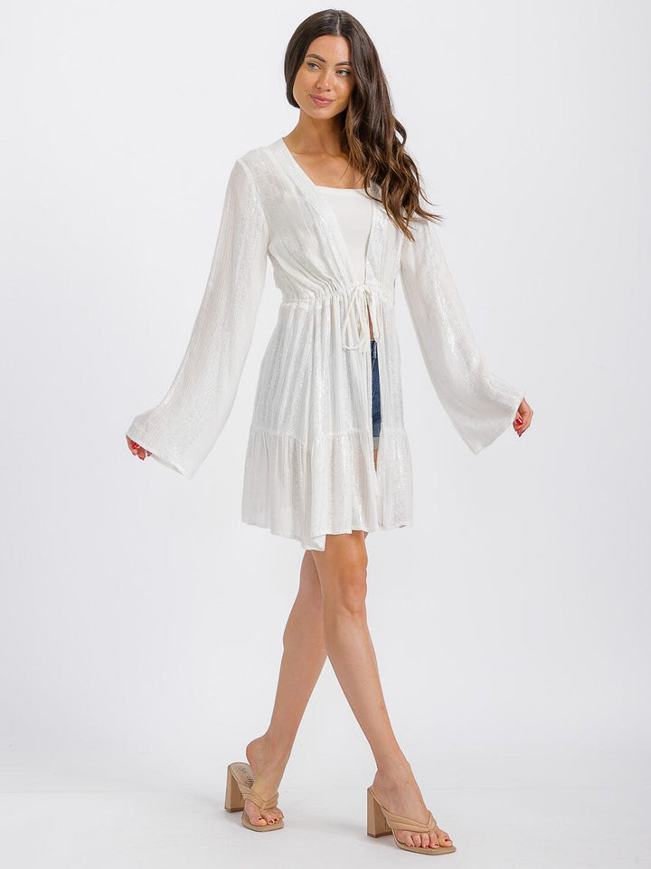WOMEN'S LONG SLEEVE SELF TIE SHIMMER KIMONO
