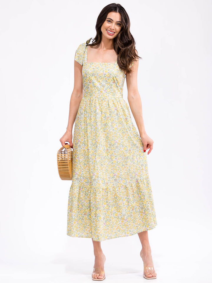 WOMEN'S SLEEVELESS SQUARE NECK SMOCK POCKETS FLORAL PRINT MAXI DRESS