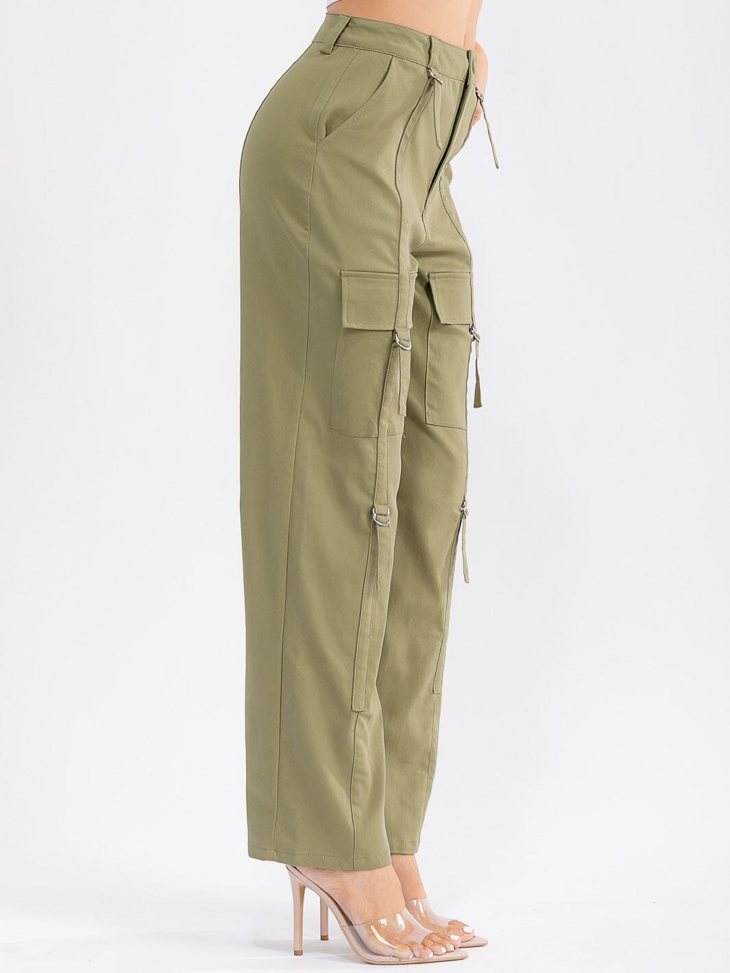 WOMEN'S BUTTON CLOSURE CARGO POCKETS WIDE LEG DENIM PANTS