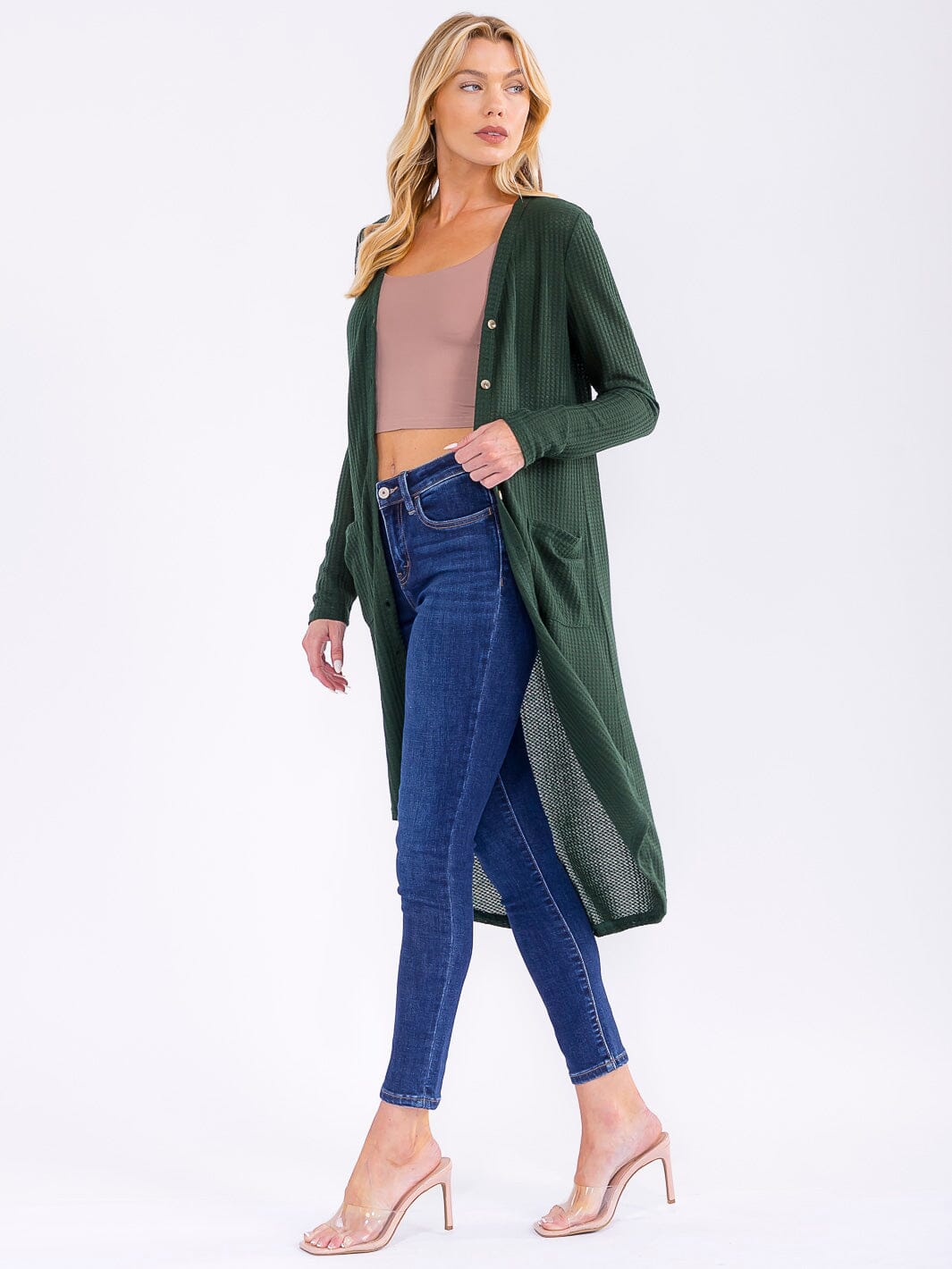 WOMEN'S LONG SLEEVE BUTTON UP FRONT POCKETS HIGH-LOW CARDIGAN