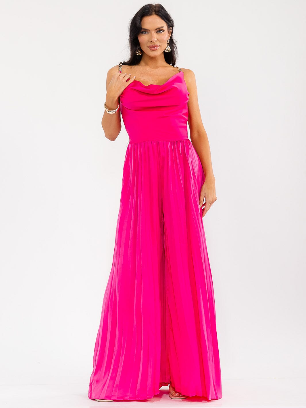 WOMEN'S SLEEVELESS COWL NECK SMOCK BACK PALAZZO WIDE LEG JUMPSUIT