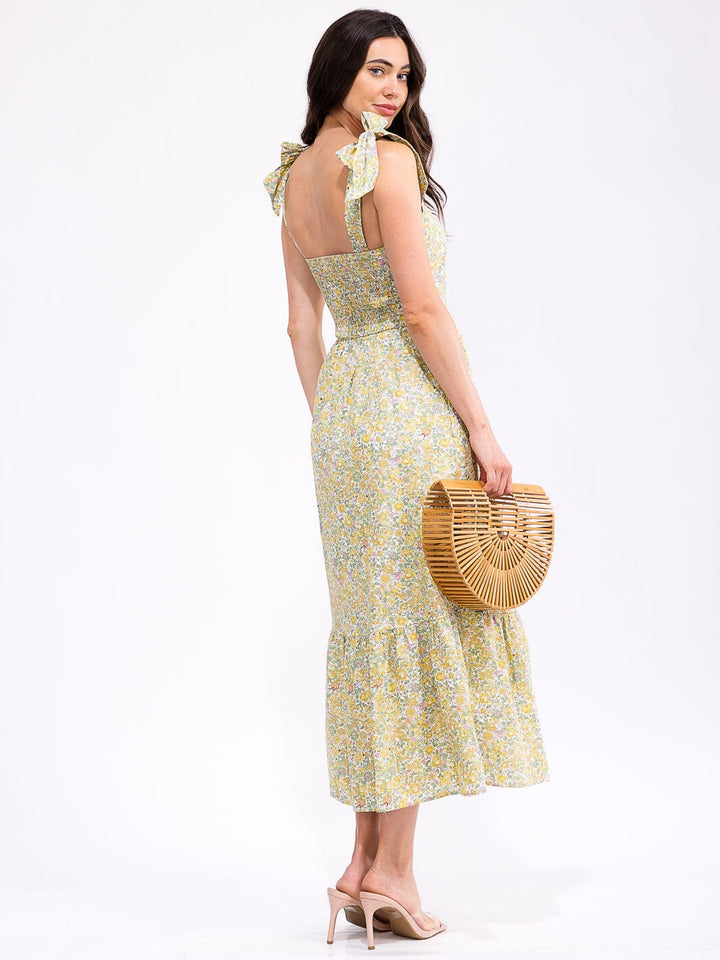 WOMEN'S SLEEVELESS SQUARE NECK SMOCK POCKETS FLORAL PRINT MAXI DRESS