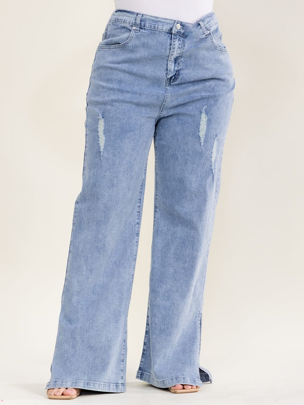 PLUS SIZE BUTTON CLOSURE POCKETS WIDE LEG STRETCH DISTRESS DENIM JEANS