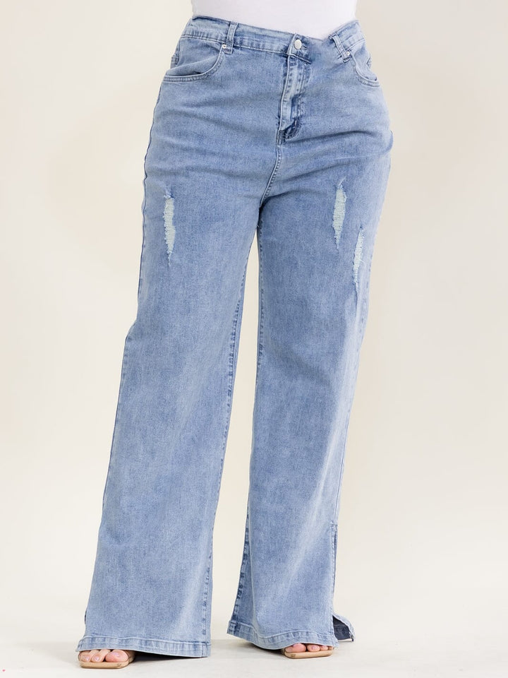 PLUS SIZE BUTTON CLOSURE POCKETS WIDE LEG STRETCH DISTRESS DENIM JEANS