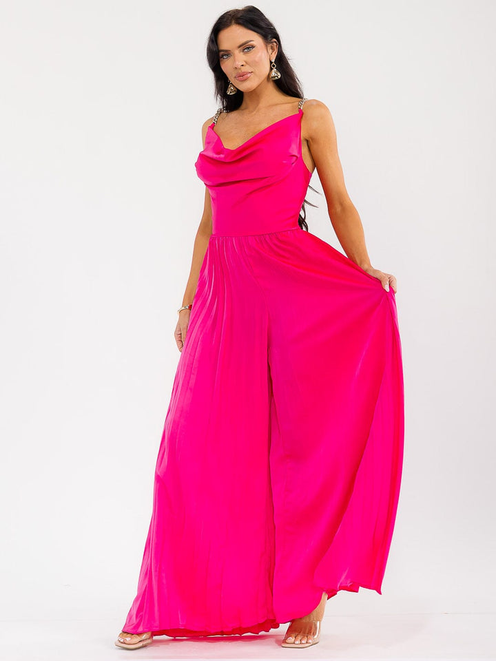 WOMEN'S SLEEVELESS COWL NECK SMOCK BACK PALAZZO WIDE LEG JUMPSUIT