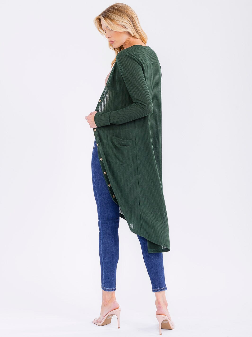 WOMEN'S LONG SLEEVE BUTTON UP FRONT POCKETS HIGH-LOW CARDIGAN