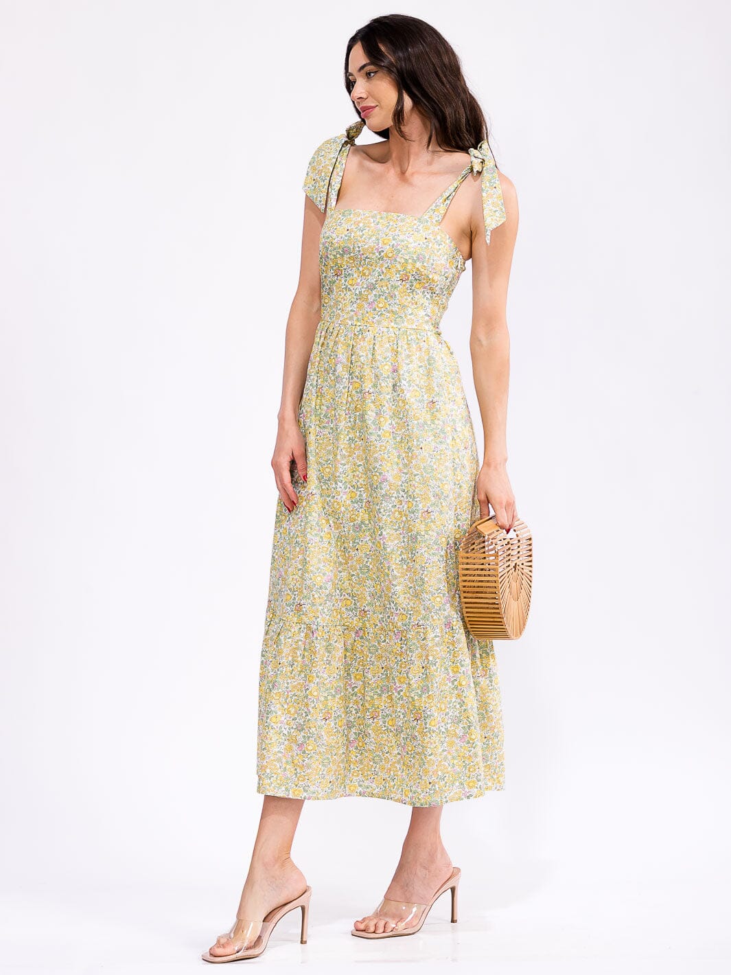 WOMEN'S SLEEVELESS SQUARE NECK SMOCK POCKETS FLORAL PRINT MAXI DRESS