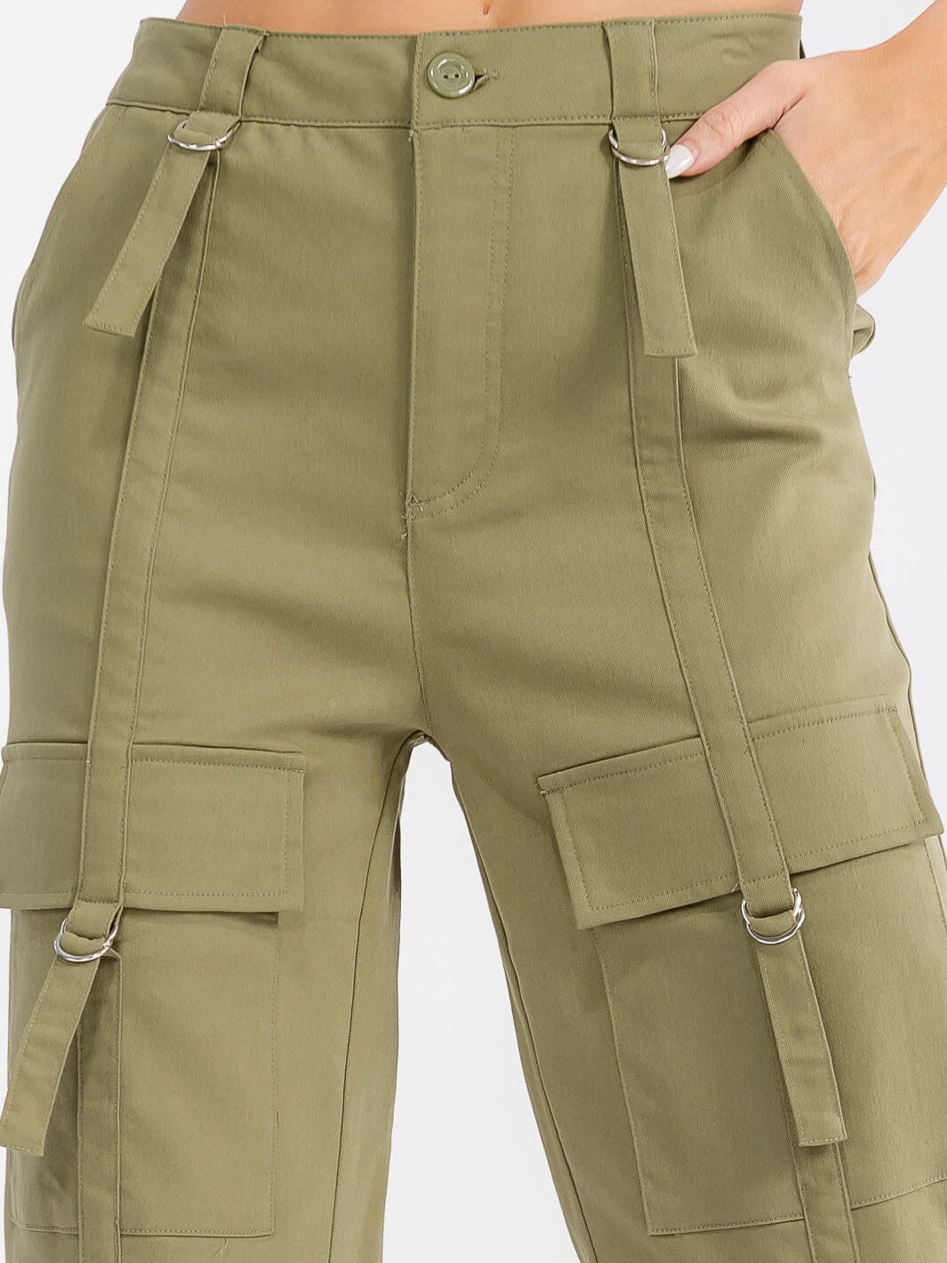 WOMEN'S BUTTON CLOSURE CARGO POCKETS WIDE LEG DENIM PANTS