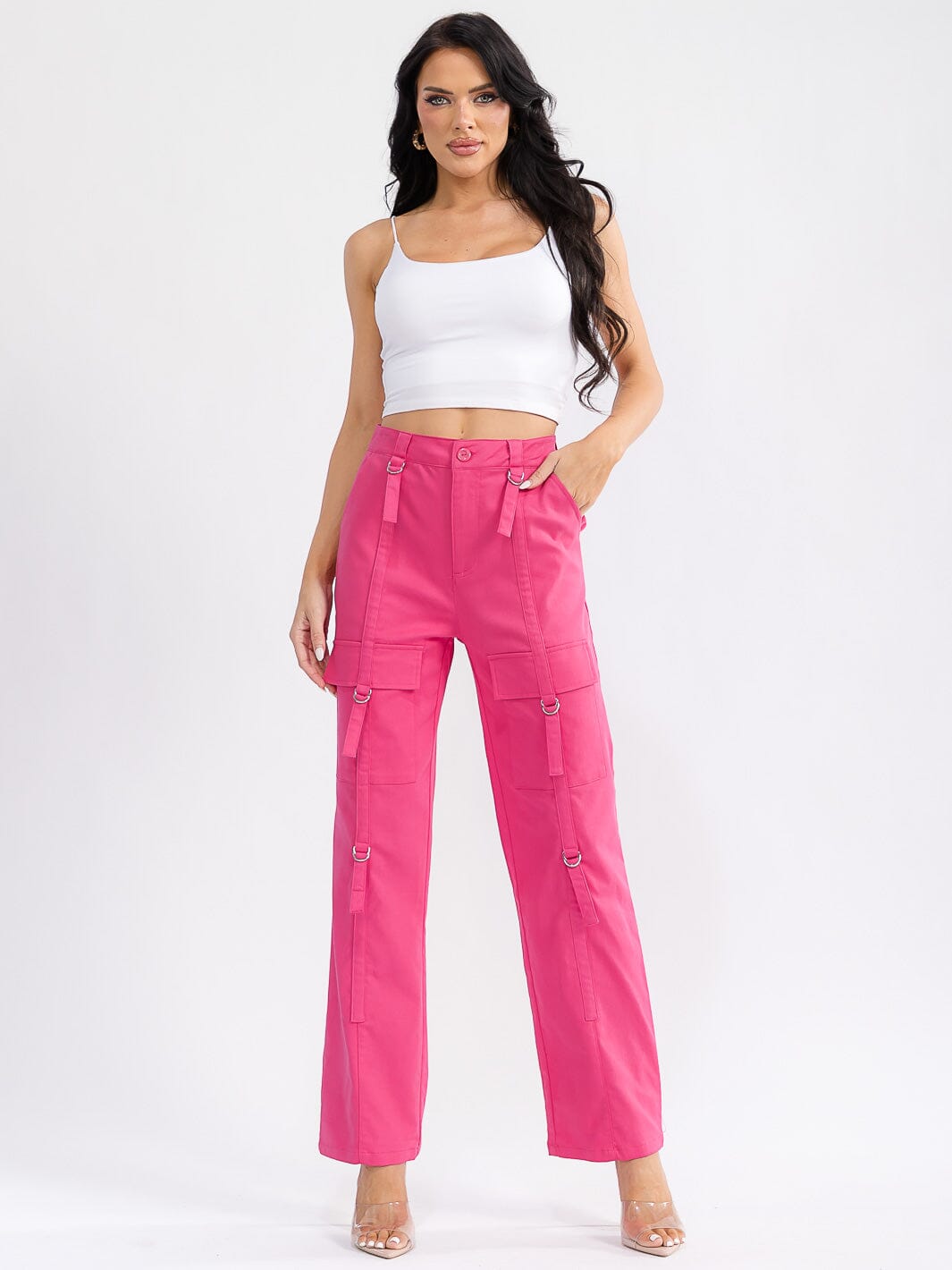 WOMEN'S BUTTON CLOSURE CARGO POCKETS WIDE LEG DENIM PANTS