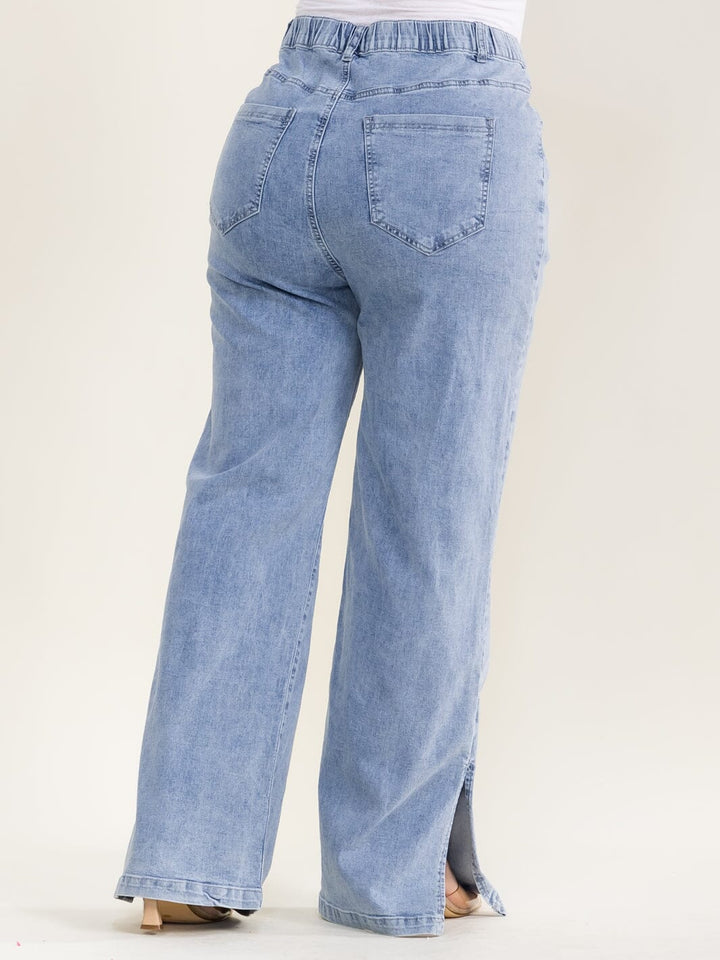 PLUS SIZE BUTTON CLOSURE POCKETS WIDE LEG STRETCH DISTRESS DENIM JEANS