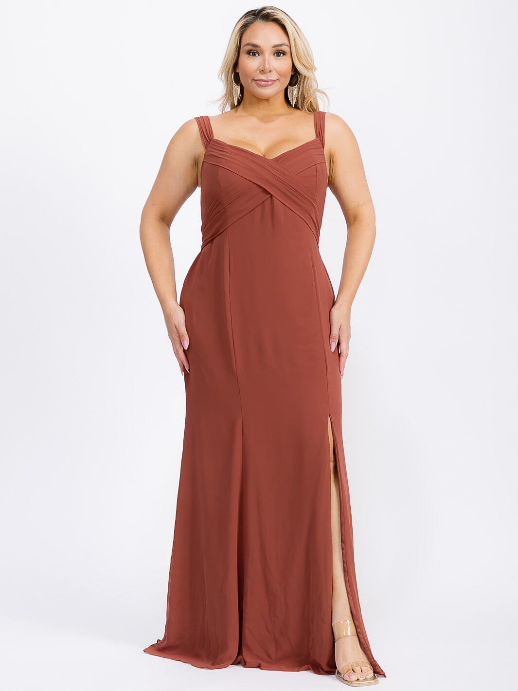 PUS SIZE SLEEVELESS V-NECK FRONT SLIT SELF TIE MAXI GOWN DRESS