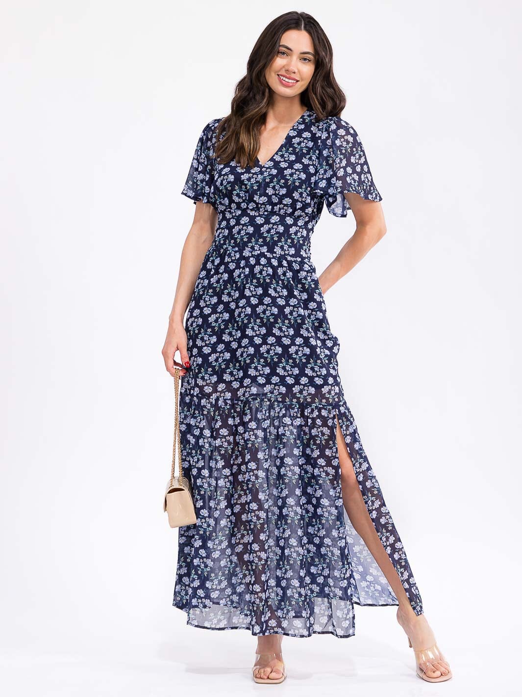 WOMEN'S SHORT SLEEVE V-NECK SELF TIE FLORAL PRINT MAXI DRESS