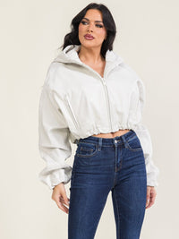 WOMEN'S LONG SLEEVE ZIP UP FRONT POCKETS ELASTIC WAIST HOODED BOMBER JACKET
