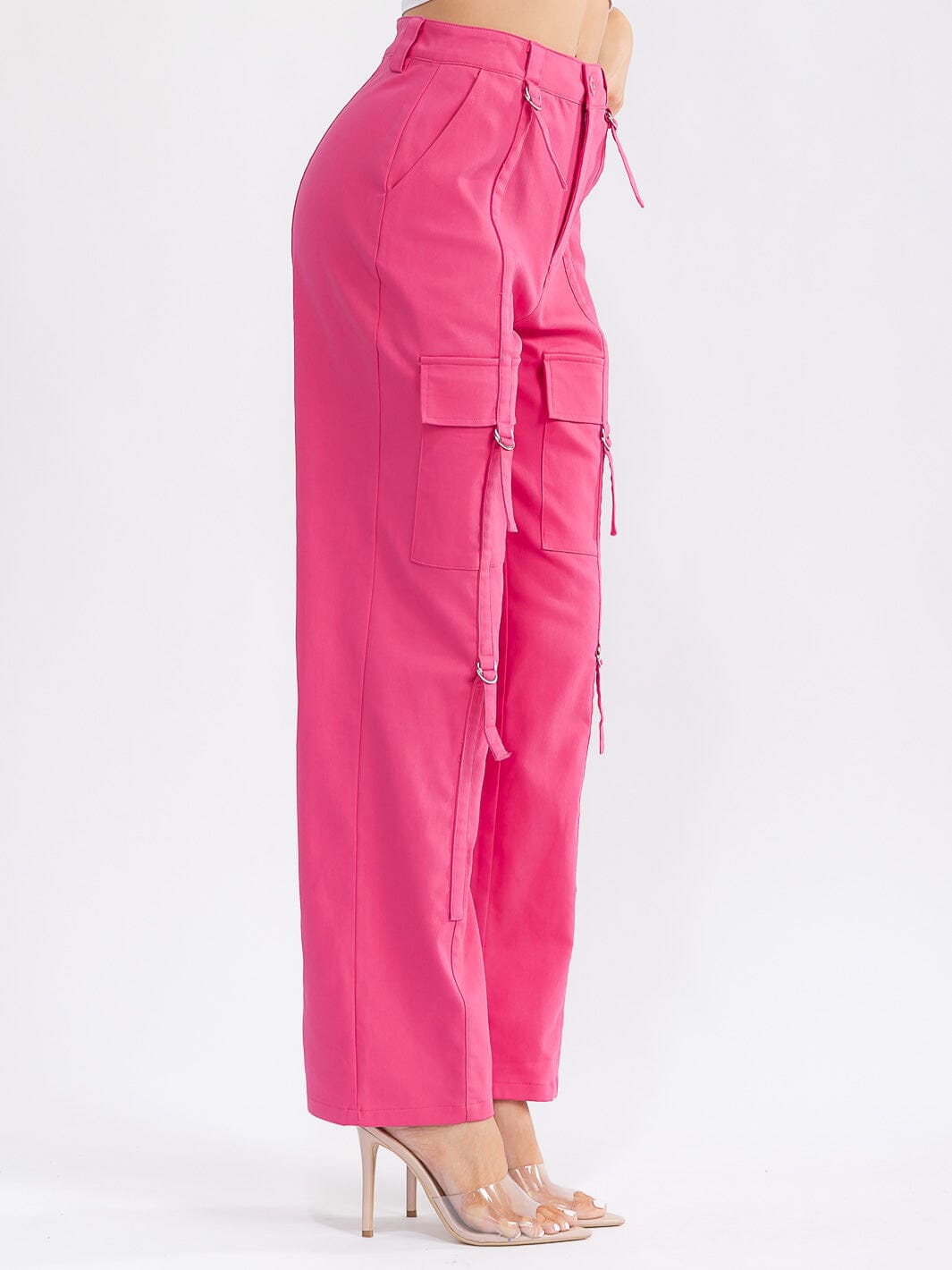 WOMEN'S BUTTON CLOSURE CARGO POCKETS WIDE LEG DENIM PANTS