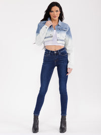 WOMEN'S LONG SLEEVE BUTTON CLOSURE TIE DYE CROP STRETCH DENIM JACKET