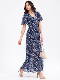 WOMEN'S SHORT SLEEVE V-NECK SELF TIE FLORAL PRINT MAXI DRESS
