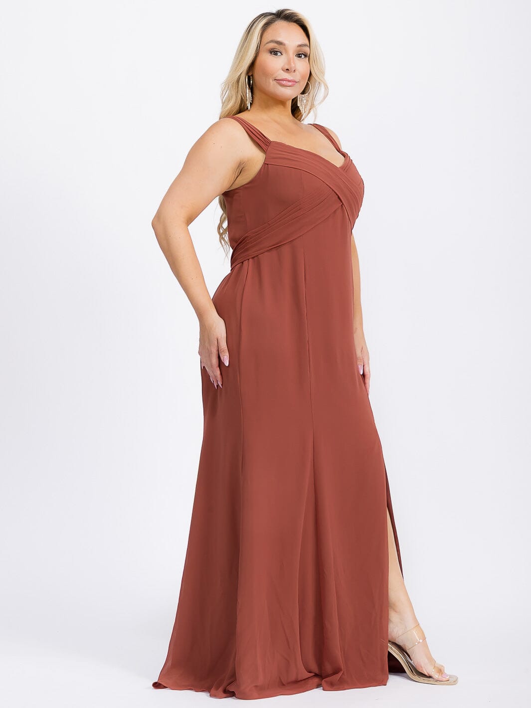 PUS SIZE SLEEVELESS V-NECK FRONT SLIT SELF TIE MAXI GOWN DRESS