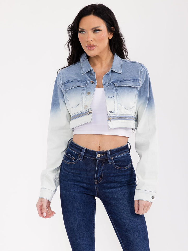 WOMEN'S LONG SLEEVE BUTTON CLOSURE TIE DYE CROP STRETCH DENIM JACKET