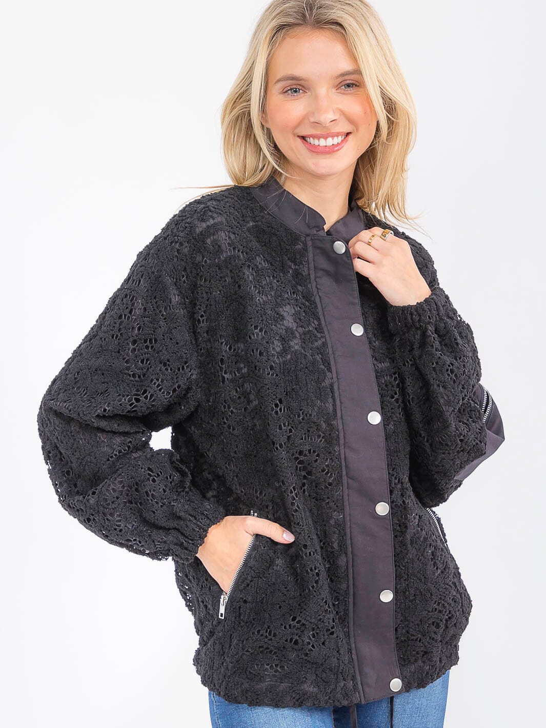 WOMEN'S LONG SLEEVE BUTTON CLOSURE FRONT POCKETS CROCHET JACKET