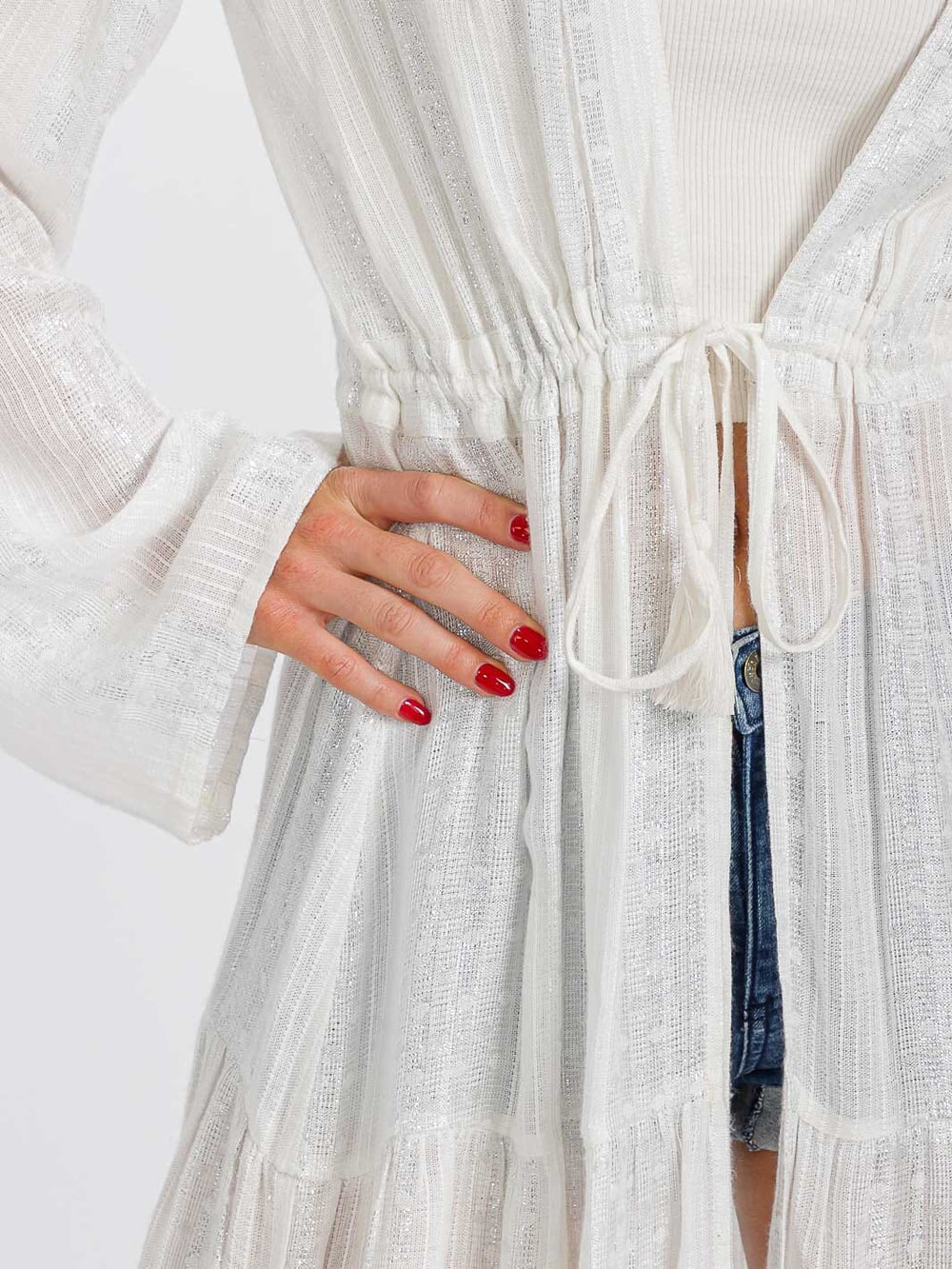 WOMEN'S LONG SLEEVE SELF TIE SHIMMER KIMONO