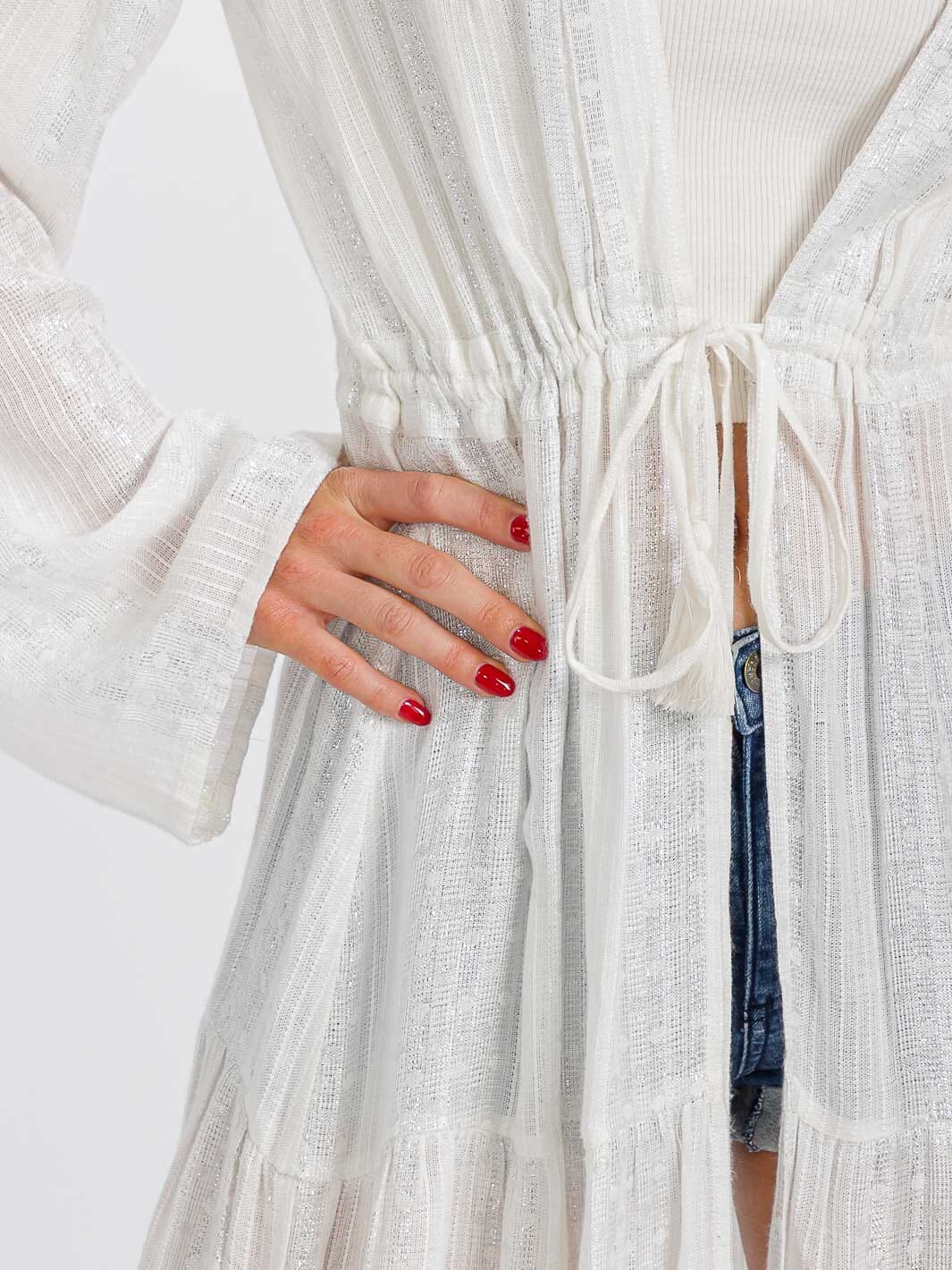 WOMEN'S LONG SLEEVE SELF TIE SHIMMER KIMONO