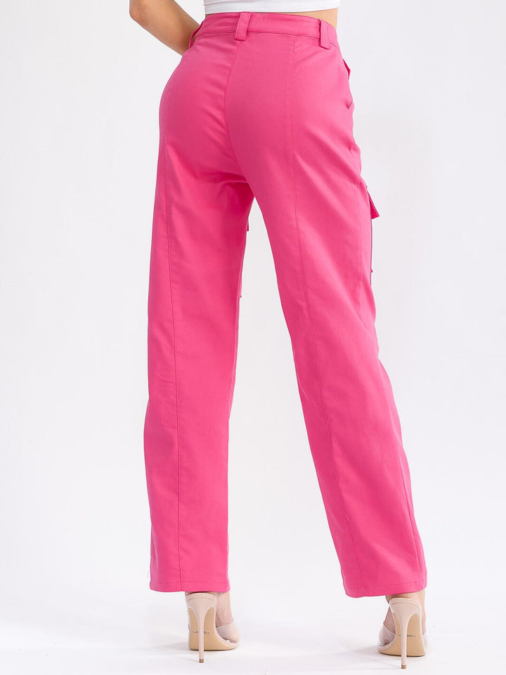 WOMEN'S BUTTON CLOSURE CARGO POCKETS WIDE LEG DENIM PANTS