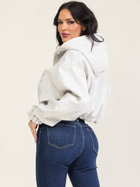 WOMEN'S LONG SLEEVE ZIP UP FRONT POCKETS ELASTIC WAIST HOODED BOMBER JACKET