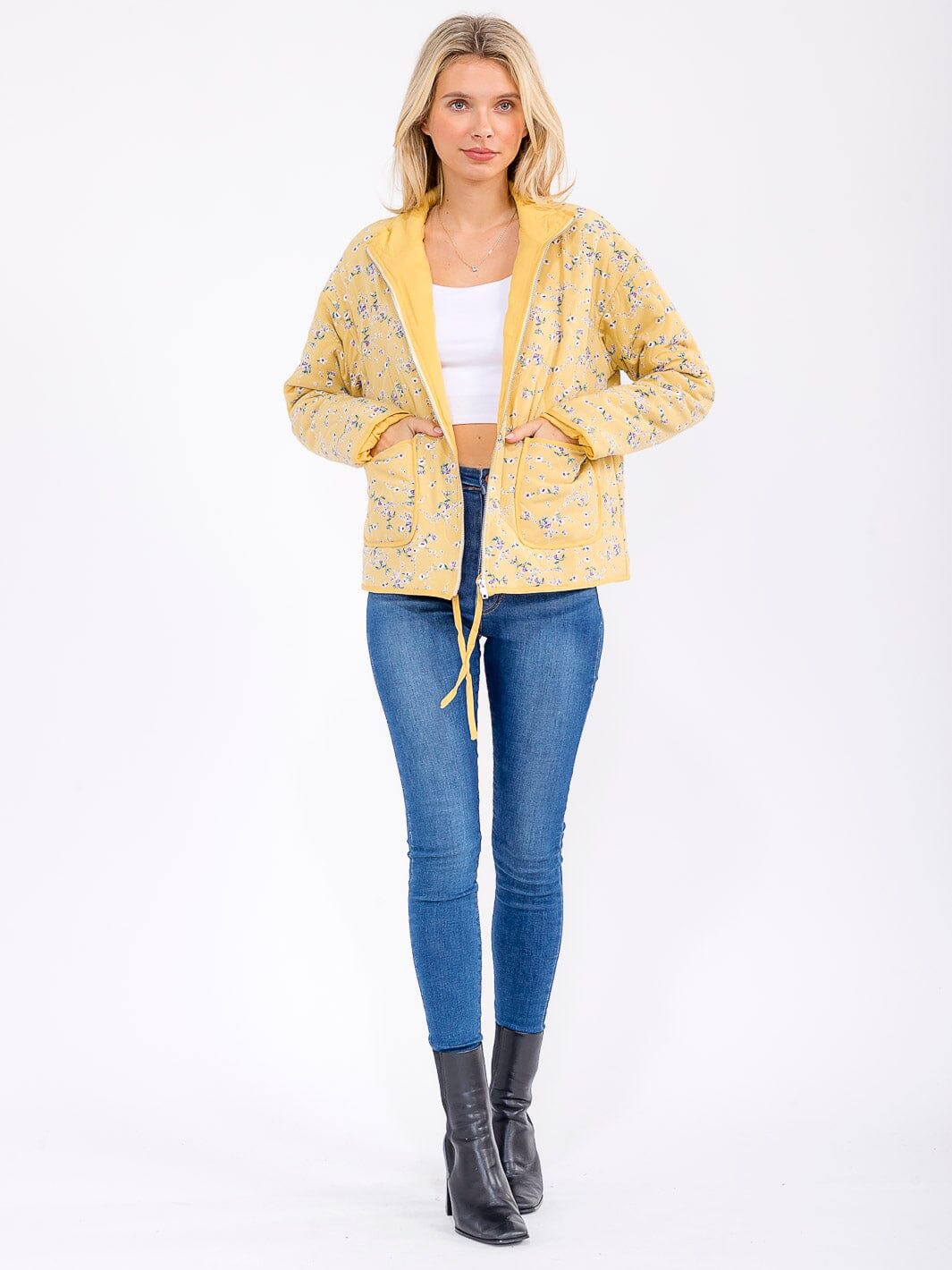 WOMEN'S LONG SLEEVE ZIPPER CLOSURE FRONT POCKETS FLORAL JACKET