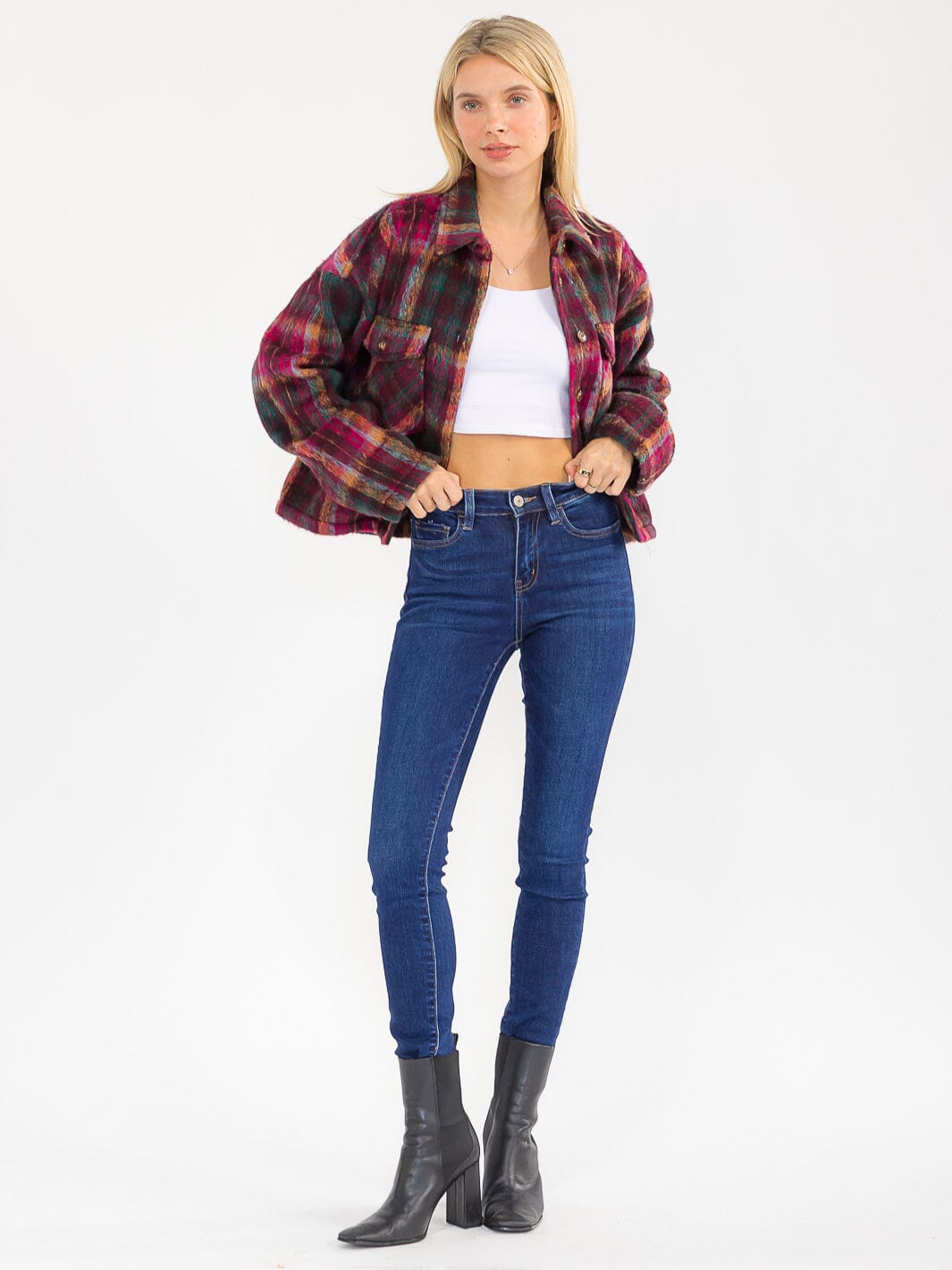 WOMEN'S LONG SLEEVE BUTTON CLOSURE FRONT POCKETS PLAID JACKET