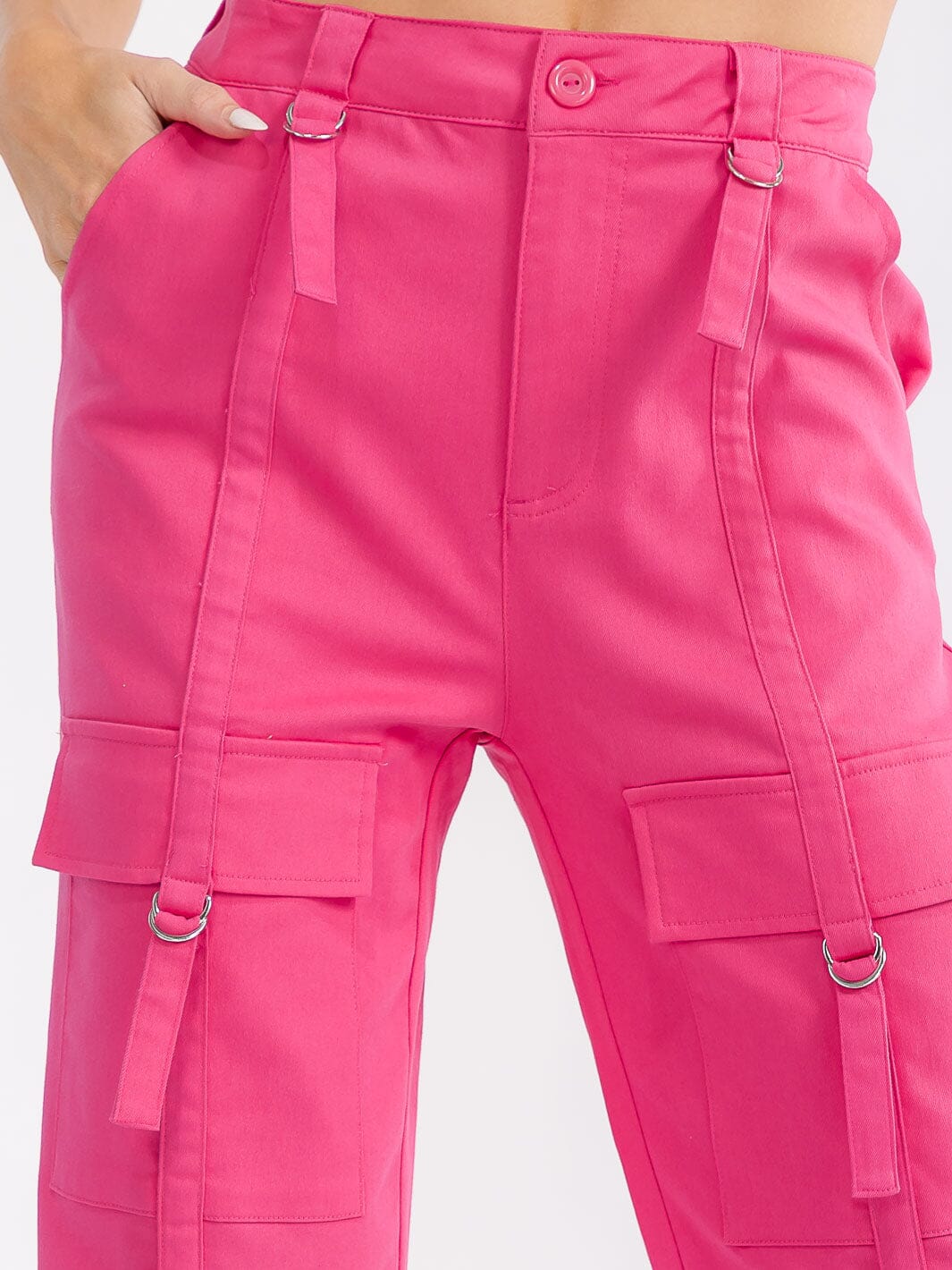 WOMEN'S BUTTON CLOSURE CARGO POCKETS WIDE LEG DENIM PANTS