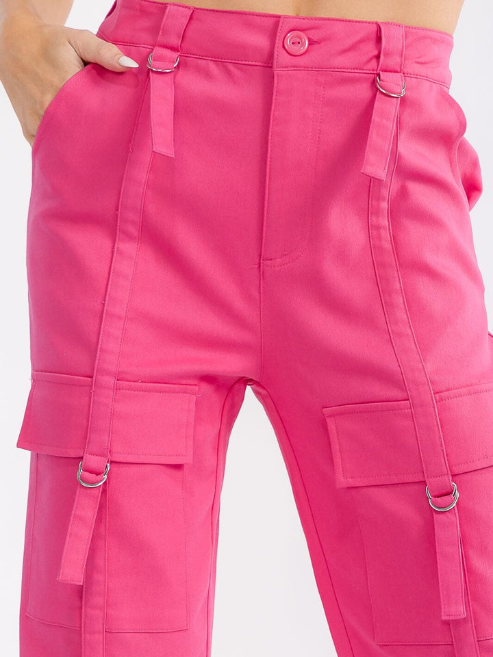 WOMEN'S BUTTON CLOSURE CARGO POCKETS WIDE LEG DENIM PANTS