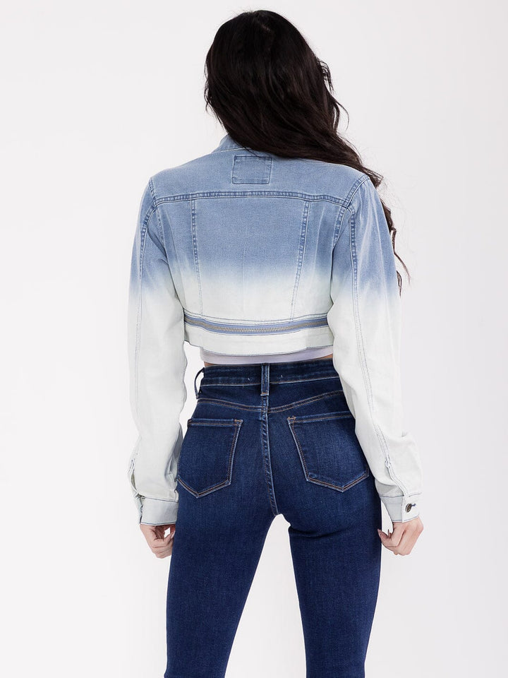 WOMEN'S LONG SLEEVE BUTTON CLOSURE TIE DYE CROP STRETCH DENIM JACKET