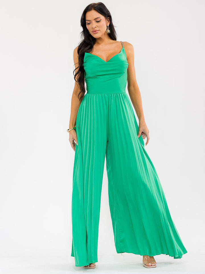 WOMEN'S SLEEVELESS COWL NECK SMOCK BACK PALAZZO WIDE LEG JUMPSUIT