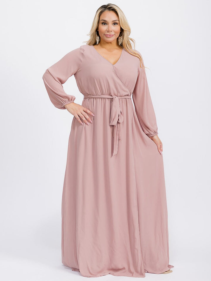 PUS SIZE LONG SLEEVE SELF TIE SURPLICE MAXI GOWN DRESS