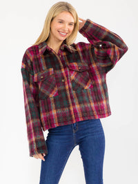 WOMEN'S LONG SLEEVE BUTTON CLOSURE FRONT POCKETS PLAID JACKET