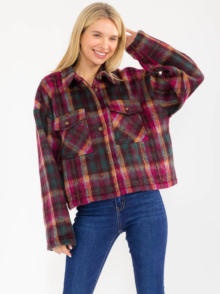 WOMEN'S LONG SLEEVE BUTTON CLOSURE FRONT POCKETS PLAID JACKET