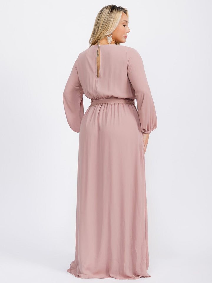 PUS SIZE LONG SLEEVE SELF TIE SURPLICE MAXI GOWN DRESS