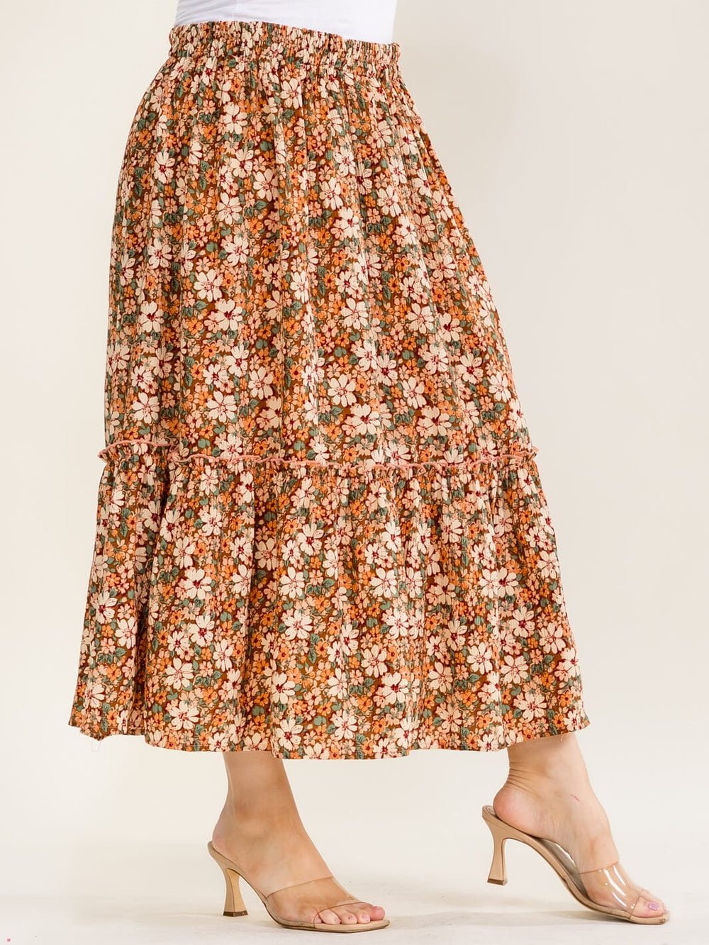 PLUS SIZE ELASTIC WAIST FLORAL PRINT TIERED MAXI SKIRT