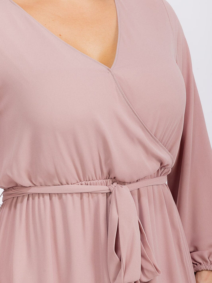 PUS SIZE LONG SLEEVE SELF TIE SURPLICE MAXI GOWN DRESS