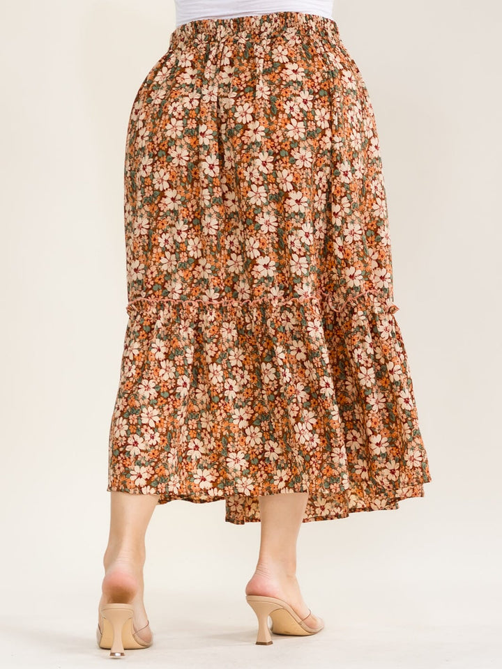 PLUS SIZE ELASTIC WAIST FLORAL PRINT TIERED MAXI SKIRT