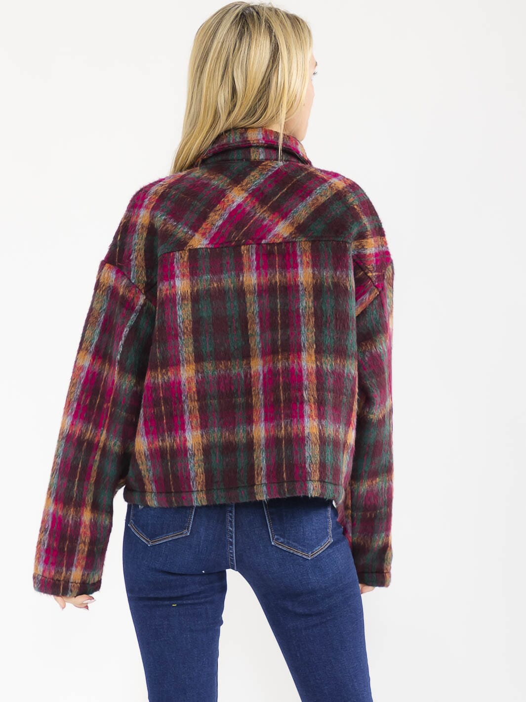 WOMEN'S LONG SLEEVE BUTTON CLOSURE FRONT POCKETS PLAID JACKET