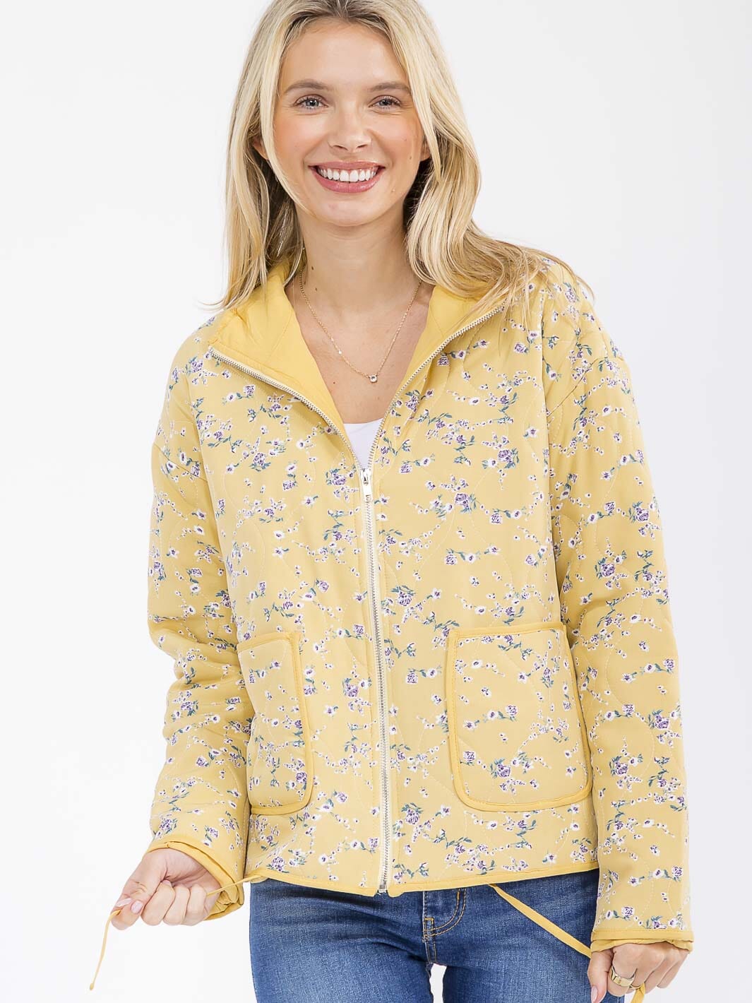 WOMEN'S LONG SLEEVE ZIPPER CLOSURE FRONT POCKETS FLORAL JACKET